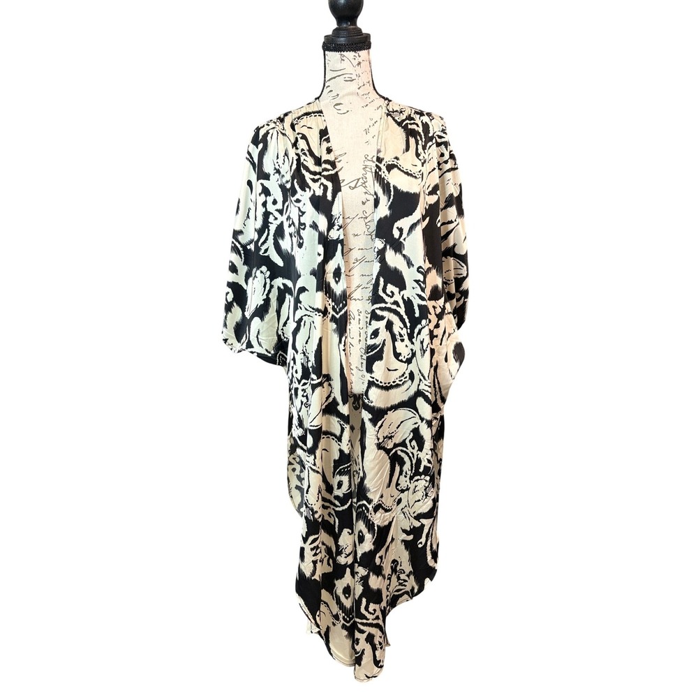 Rain Black White Abstract Ikat Kimono Cardigan Women Small Boho Duster Coverup‎